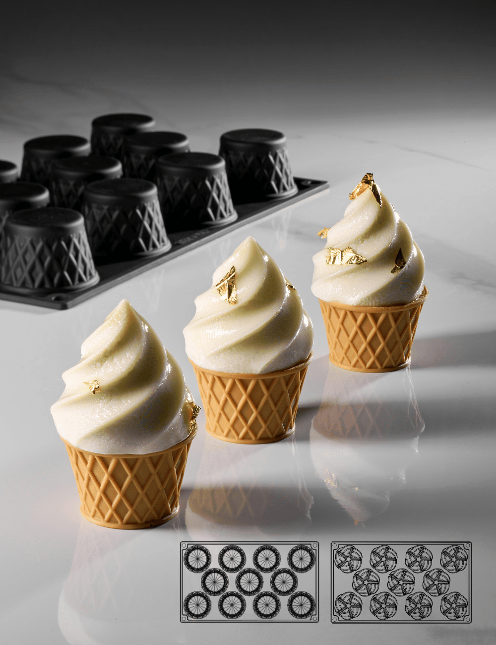 Moules Pavoflex Gelato (Cône et Crème, 11 empreintes chacun) avec schémas d'implantation - Pavoni & Fabrizio Fiorani